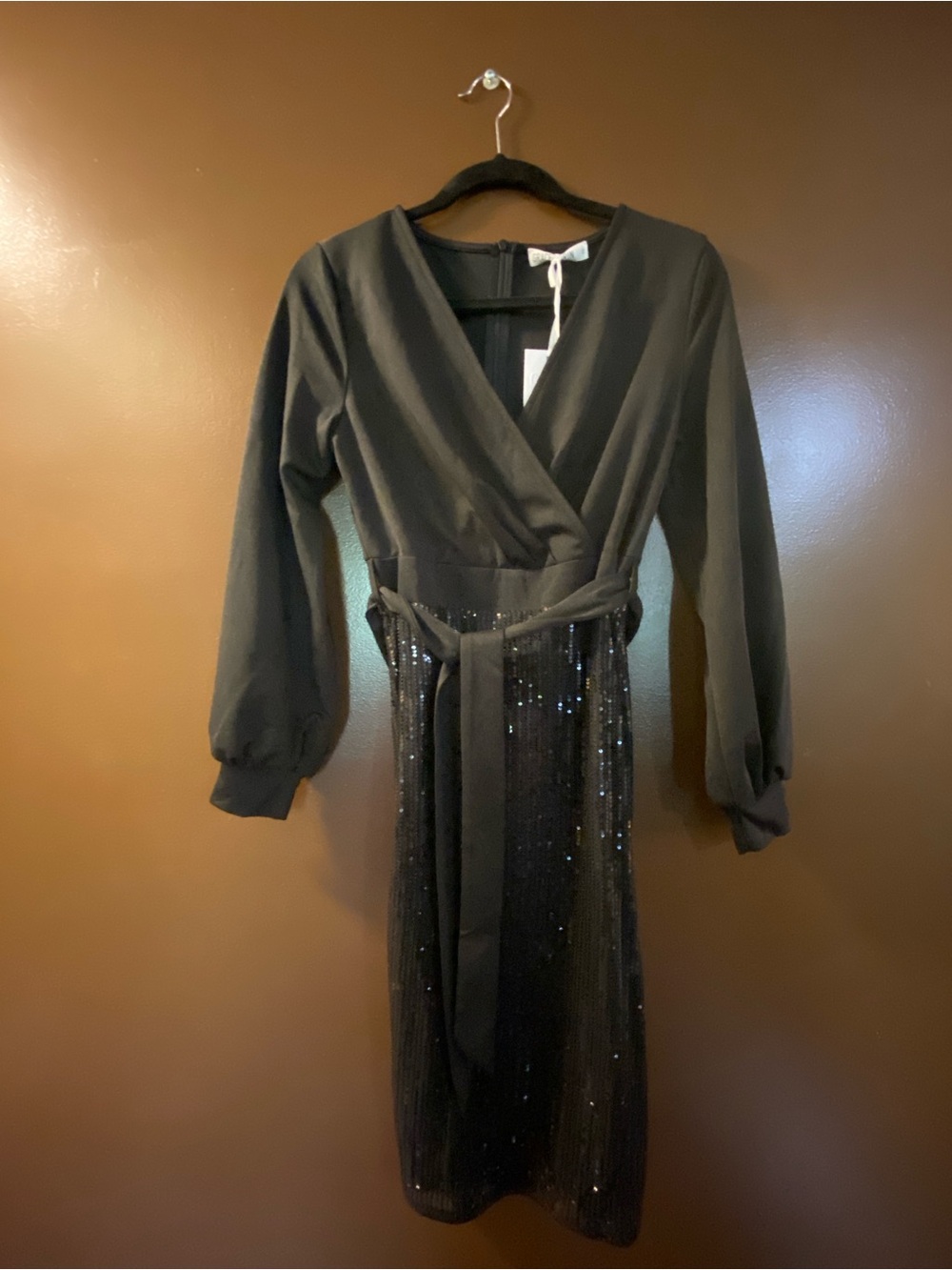 Grace Karin Black Long Sleeve Wrap Dress with Sequin Skirt